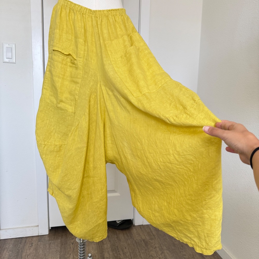 Linen Harem Pants Yellow Ballon Wide Leg Lagenlook Boho Drop Crotch Trousers
